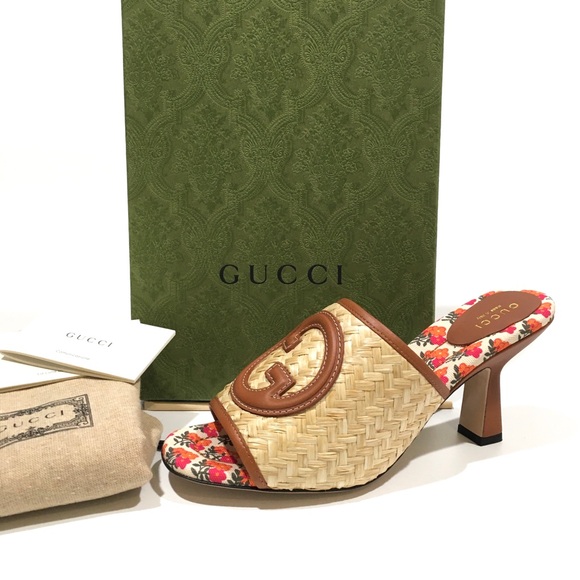 GUCCI INTERLOCKING G RAFFIA HEELED SLIDES -WOMEN’S US 8.5 -NEW - Picture 2 of 11